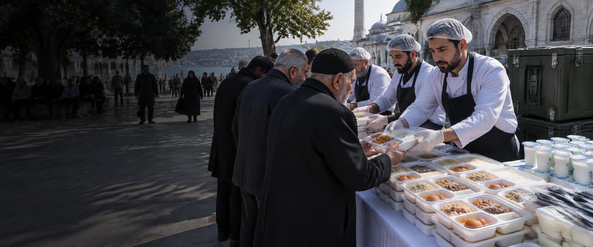 Türkiye’de kalabalık bir mevlid organizasyonunda paketli pilav dağıtımı